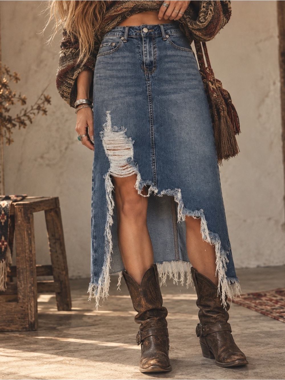 NWT Distressed Denim Midi Skirt Size M High Rise Raw Hem
